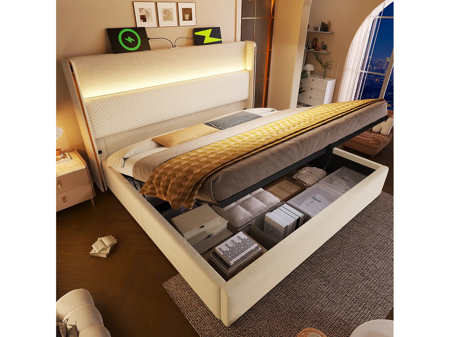 Hydraulisch gestoffeerd bed 160x200 cm van linnen, beige, met LED, opbergruimte en USB/Type-C (incl. matras)
