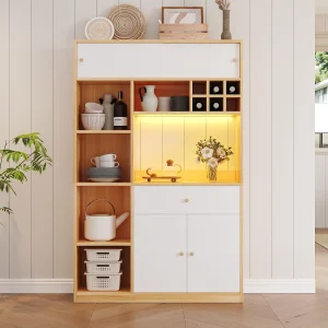 Hoge keukenkast met LED's – 115 x 35 x 180 cm – met 1 lade + 3 deuren + planken – spaanplaat – wit + naturel