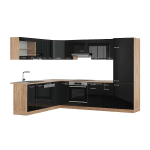 Hoekkeuken eiken hoogglans zwart/goud 287x60x81.6 r-line