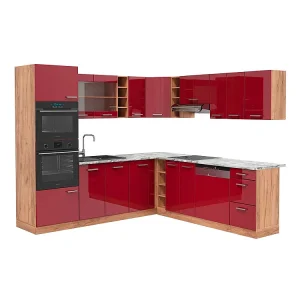 Hoekkeuken rood hoogglans/gouden eik 247x60x81.6 r-line
