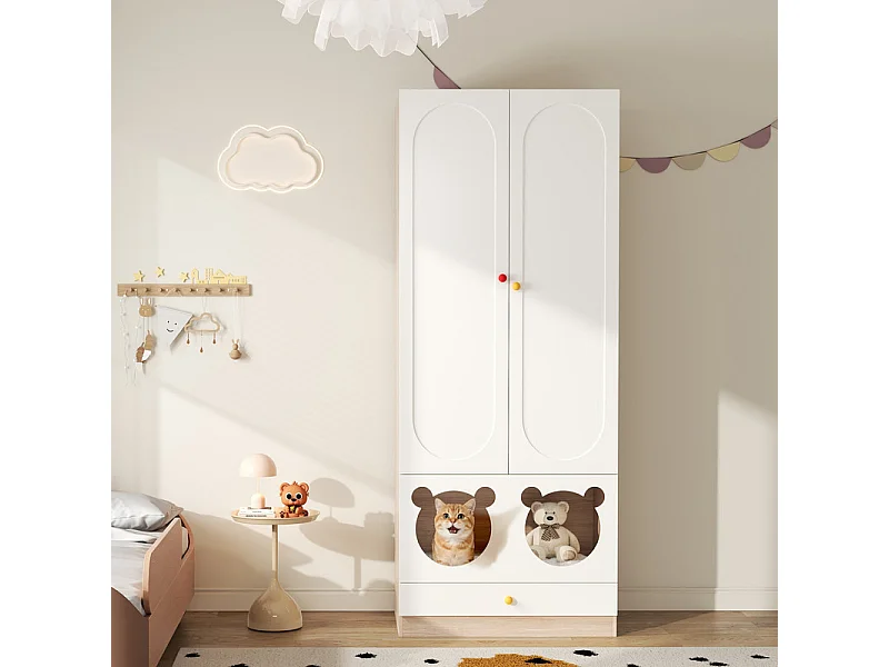 Kast 2 Deuren - met Kattenbed - Kledingstang - MDF - Wit + Natuur 80x50x200cm