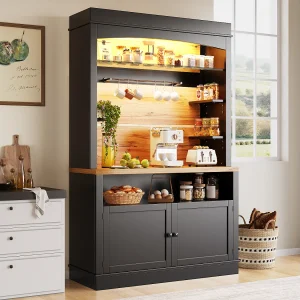 Hoge keukenkast – 107 x 43 x 184 cm – met 2 deuren + LED's + open plank – MDF + metaal – zwart Hoge keukenkast – 107 x 43 x 184 cm – met 2 deuren + LED's + open plank – MDF + metaal – zwart