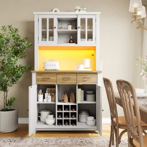 Hoge keukenkast met 4 deuren + 3 laden + plank + LED's – 106 x 40 x 179,5 cm – MDF – Wit + naturel