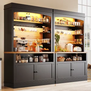 Hoge keukenkast – 2 x 107 x 43 x 184 cm – met 2 deuren + LED's + open plank – MDF + metaal – zwart Hoge keukenkast – 2 x 107 x 43 x 184 cm – met 2 deuren + LED's + open plank – MDF + metaal – zwart