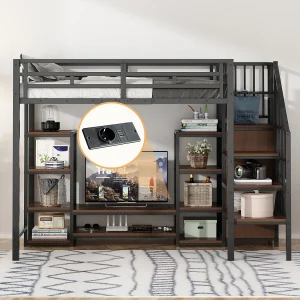 Hoogslaper 90×200 cm met tv-meubel, stopcontact, veiligheidsladder, metalen en houten constructie, ruimtebesparend met opbergruimte, zwart Hoogslaper 90×200 cm met tv-meubel, stopcontact, veiligheidsladder, metalen en houten constructie, ruimtebesparend met opbergruimte, zwart