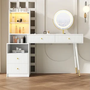 Kaptafel met LED-spiegel, 4 lades en deur – Wit Kaptafel met LED-spiegel, 4 lades en deur – Wit