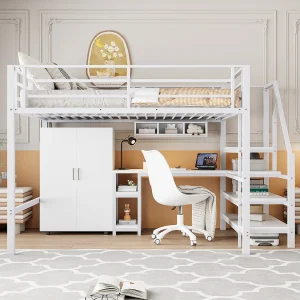 Hoogslaper 140x200cm met opbergtrap, bureau en kledingkast – Metaal + MDF – Wit Hoogslaper 140x200cm met opbergtrap, bureau en kledingkast – Metaal + MDF – Wit