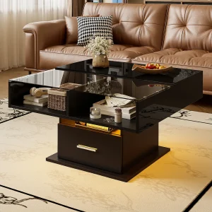 Hoogglans gelakte multifunctionele salontafel met LED-verlichting, verstelbare hoogte en flexibele opbergruimte, Zwart Hoogglans gelakte multifunctionele salontafel met LED-verlichting, verstelbare hoogte en flexibele opbergruimte, Zwart