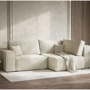 Hoekslaapbank met hoek rechts in chenille stof creme TONGA Hoekslaapbank met hoek rechts in chenille stof creme TONGA