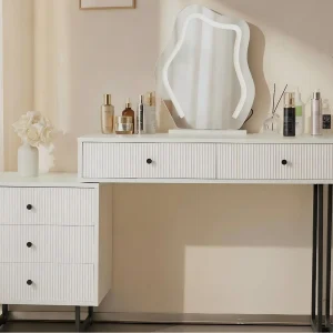 Kaptafel met LED-spiegel – 2 laden en een afneembare kast – Wit (kruk niet inbegrepen)