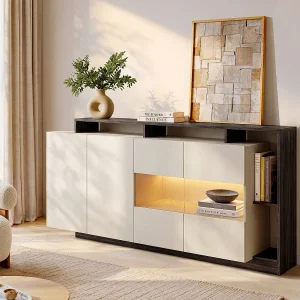 Dressoir 4 deuren en 4 nissen met LEDs – Beige en Donker Naturel – IDESIA Dressoir 4 deuren en 4 nissen met LEDs – Beige en Donker Naturel – IDESIA