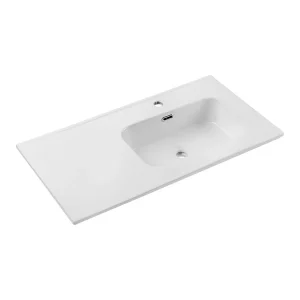 Wastafel ESSEN 90 cm met rechts verplaatste kuip in glanzend wit keramiek Wastafel ESSEN 90 cm met rechts verplaatste kuip in glanzend wit keramiek