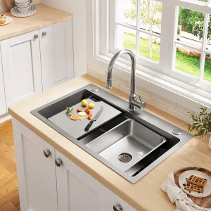 Inbouw gootsteen van roestvrij staal 74×45 cm – met snijplank, extra binnenbak en zeef – 3 kraanopeningen – Zilver Inbouw gootsteen van roestvrij staal 74×45 cm – met snijplank, extra binnenbak en zeef – 3 kraanopeningen – Zilver