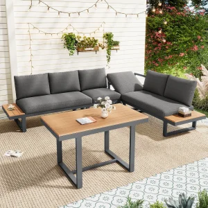 Hoekloungeset voor in de tuin met verstelbare kantelfunctie en tafel – Stalen frame, grijs en zwart