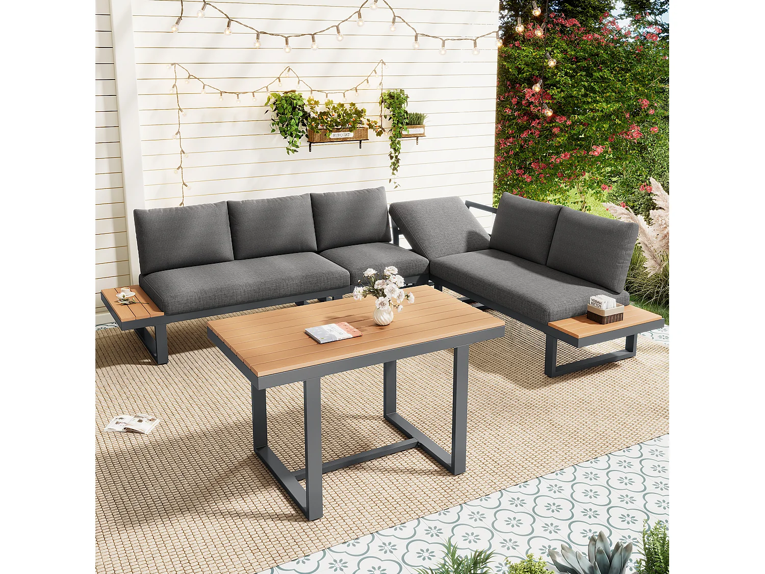 Hoekloungeset voor in de tuin met verstelbare kantelfunctie en tafel - Stalen frame, grijs en zwart