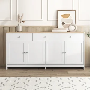 Houten dressoir met 4 deuren en 3 lades – Hout en wit, 160x37x75 cm Houten dressoir met 4 deuren en 3 lades – Hout en wit, 160x37x75 cm