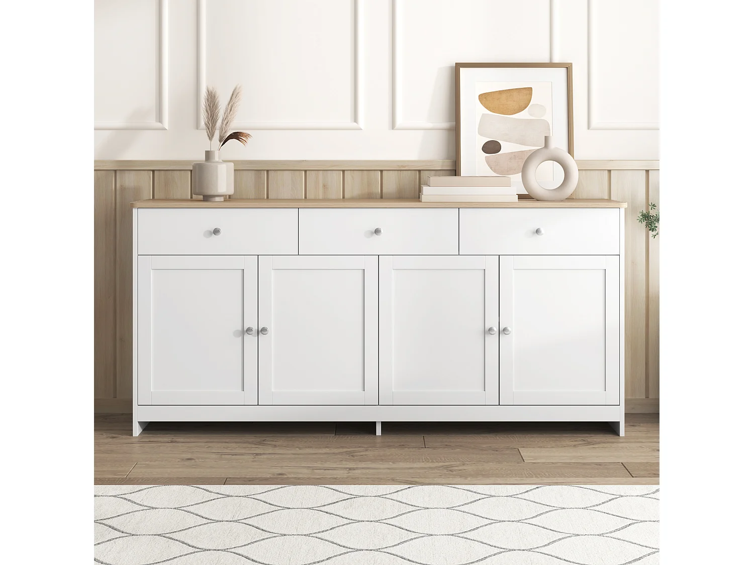 Houten dressoir met 4 deuren en 3 lades - Hout en wit, 160x37x75 cm