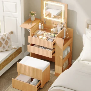 Kaptafel met opklapbare spiegel 79x40x120 cm – met LED – 2 stopcontacten, USB- en Type-C-poorten – kruk op wielen – inklapbare bijzettafel – Naturel