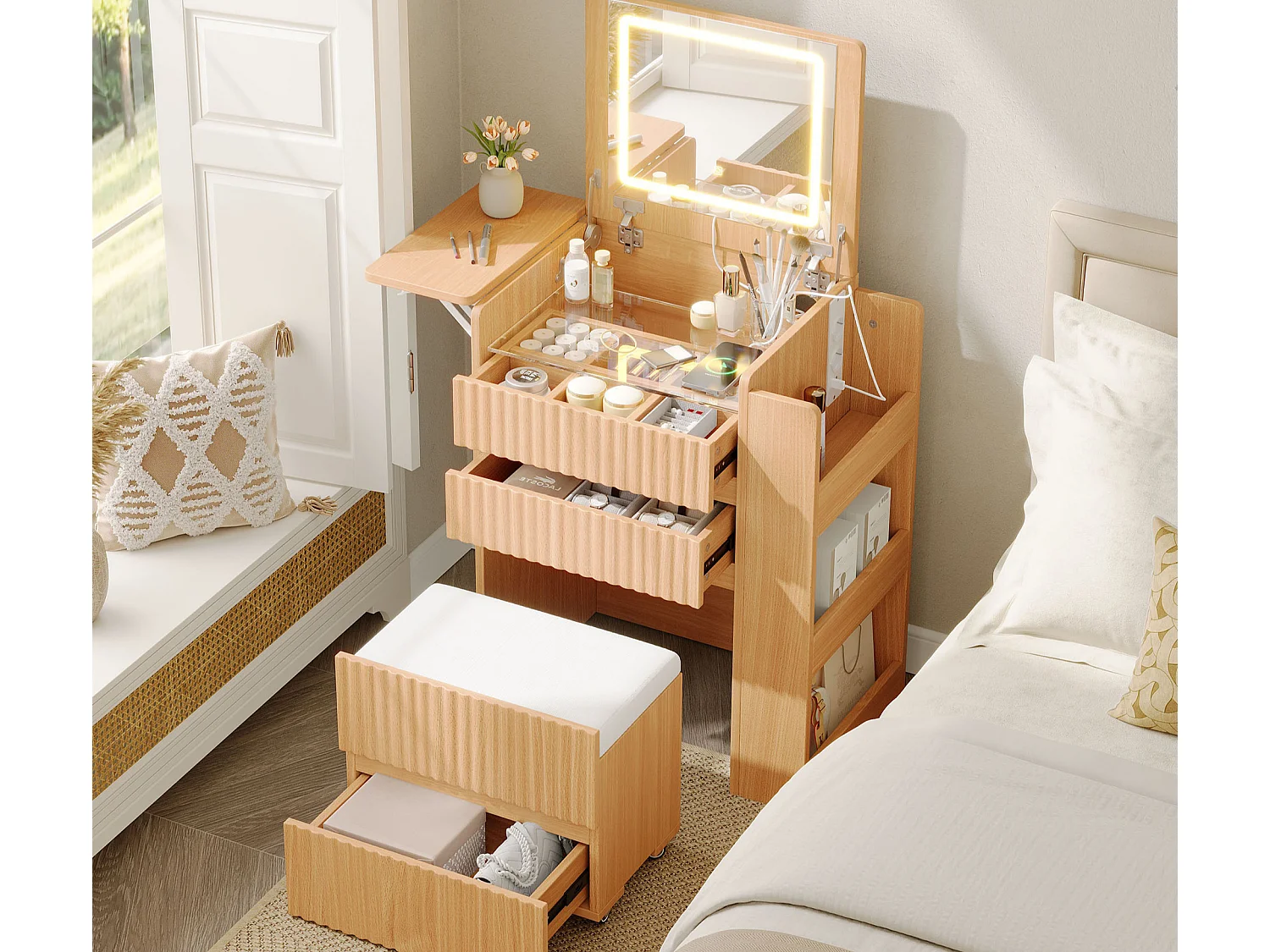 Kaptafel met opklapbare spiegel 79x40x120 cm - met LED - 2 stopcontacten, USB- en Type-C-poorten - kruk op wielen - inklapbare bijzettafel - Naturel