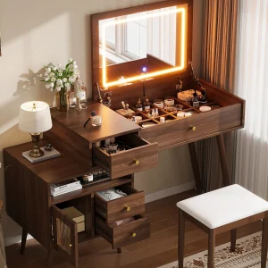 Kaptafel met spiegel 120x50x77,5 cm – met verstelbare LED-verlichting – inklapbaar bureaublad – met 3 laden en 1 deur – met kruk – Walnoot