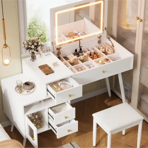 Kaptafel met spiegel 120x50x77,5 cm – met verstelbare LED-verlichting – inklapbaar bureaublad – met 3 laden en 1 deur – met kruk – Wit