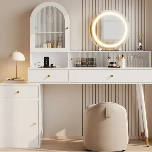 Kaptafel met spiegel 140x40x140 cm – met verstelbare LED-verlichting – USB Type-C-poorten en twee stopcontacten – met 3 laden en 4 deuren – Wit