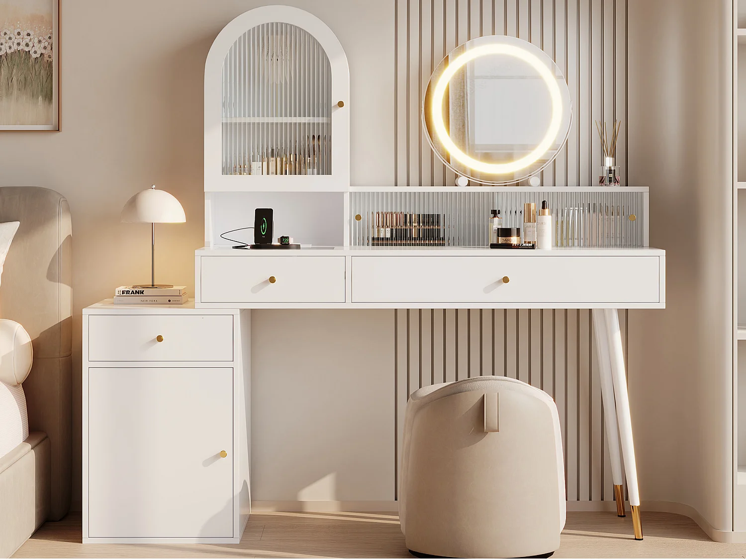Kaptafel met spiegel 140x40x140 cm - met verstelbare LED-verlichting - USB Type-C-poorten en twee stopcontacten - met 3 laden en 4 deuren - Wit