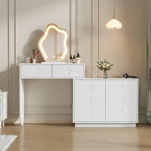 Kaptafel met LED-spiegel, 2 lades en 2 deuren – Wit