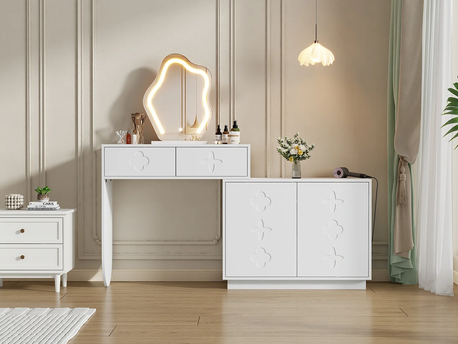 Kaptafel met LED-spiegel, 2 lades en 2 deuren - Wit
