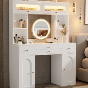 Kaptafel met spiegel 120x40x160 cm – met verstelbare LED – met 4 lades en 4 deuren – open planken – Wit
