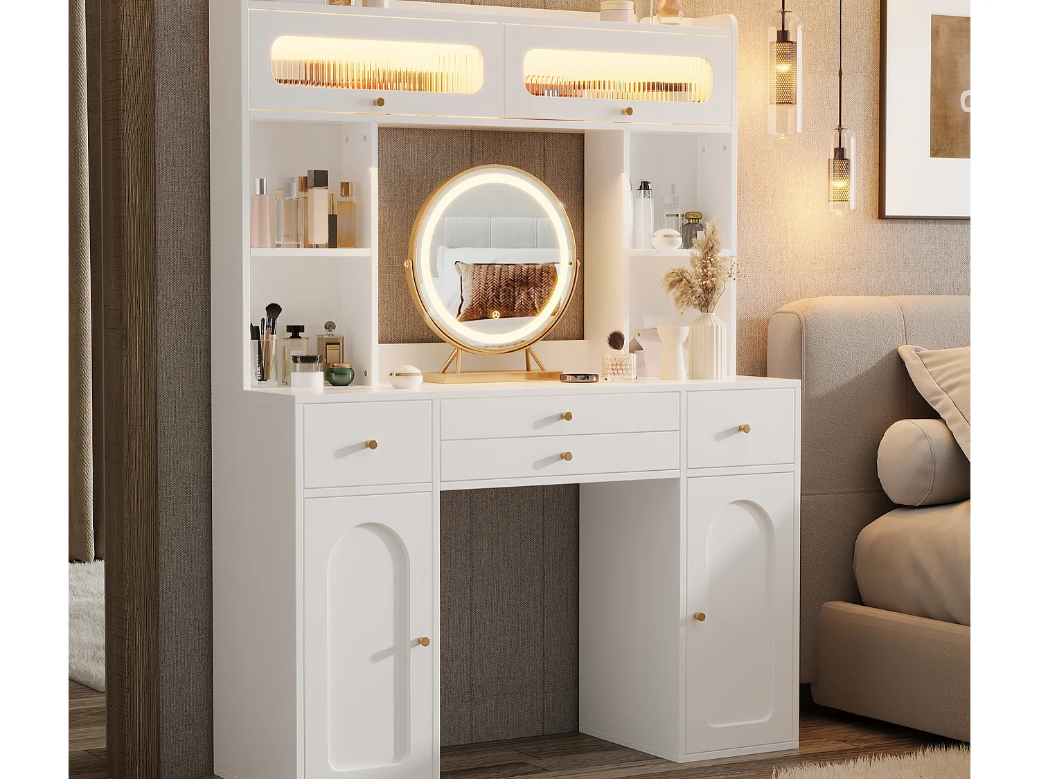 Kaptafel met spiegel 120x40x160 cm - met verstelbare LED - met 4 lades en 4 deuren - open planken - Wit