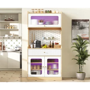 Hoog dressoir met lade, ledverlichting en deuren van geribbeld glas – Licht naturel en wit 80 x 40 x 180 cm Hoog dressoir met lade, ledverlichting en deuren van geribbeld glas – Licht naturel en wit 80 x 40 x 180 cm