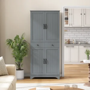 Hoge kast met 2 lades en uitschuifbare planken – Grijs Hoge kast met 2 lades en uitschuifbare planken – Grijs