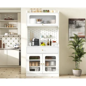Hoog dressoir met lade, ledverlichting en deuren van geribbeld glas – Wit 80 x 40 x 180 cm Hoog dressoir met lade, ledverlichting en deuren van geribbeld glas – Wit 80 x 40 x 180 cm