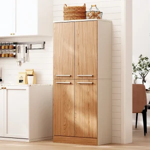 Hoge keukenkast met 4 deuren en verstelbare planken – Houtkleur en wit