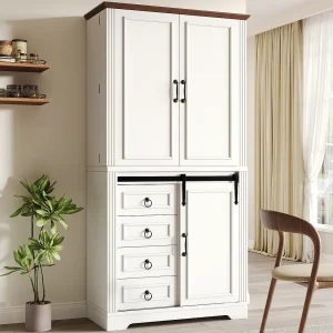 Hoge kast met zijrek voor snacks en 4 lades – Wit houten dressoir Hoge kast met zijrek voor snacks en 4 lades – Wit houten dressoir