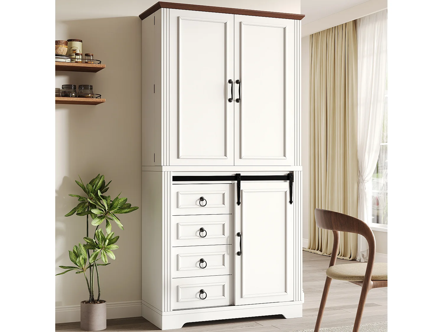 Hoge kast met zijrek voor snacks en 4 lades - Wit houten dressoir