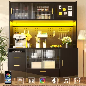 Hoge keukenkast 140×180 cm, buffetkast met glazen schuifdeuren, geperforeerd paneel en app-gestuurde LED-verlichting – Zwart