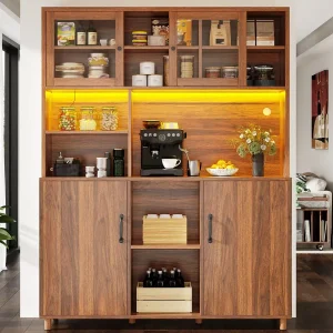 Hoge keukenkast 120x40x185cm – 2 deuren – met LED-verlichting – hoge kast – multifunctioneel buffet – ​​Bruin​