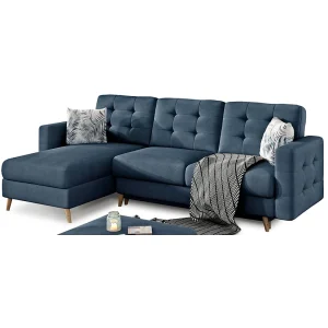 Hoekbank slaapbank HASGARD 3 zits donkerblauw 248×162 cm – opbergruimte en houten poten Hoekbank slaapbank HASGARD 3 zits donkerblauw 248×162 cm – opbergruimte en houten poten