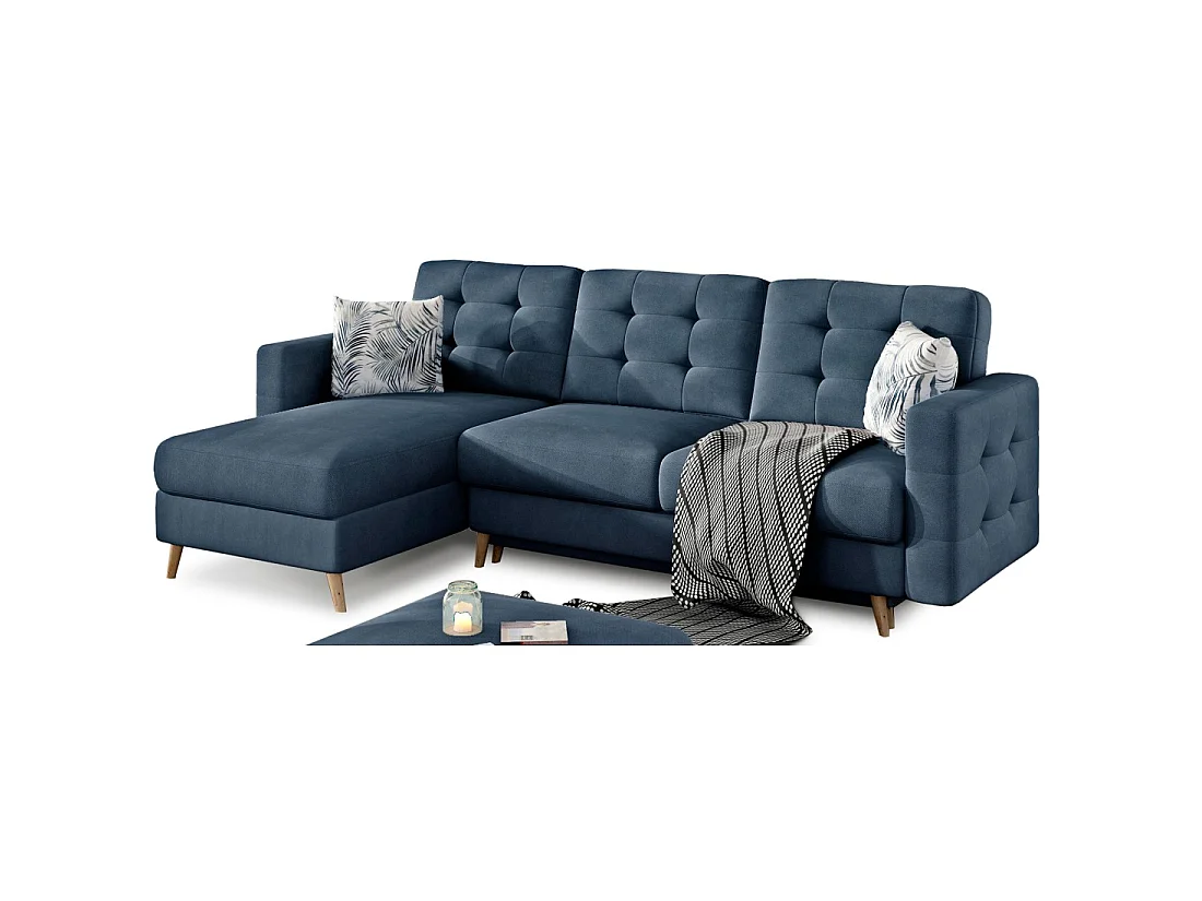 Hoekbank slaapbank HASGARD 3 zits donkerblauw 248x162 cm - opbergruimte en houten poten