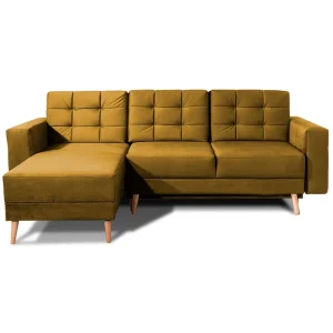 Hoekslaapbank HASGARD 3-zits geel 248×162 cm – met opbergruimte en houten poten Hoekslaapbank HASGARD 3-zits geel 248×162 cm – met opbergruimte en houten poten
