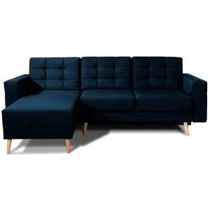 Hoekbank met slaapfunctie HASGARD 3-zits donkerblauw 248×162 cm – met opbergruimte en houten poten Hoekbank met slaapfunctie HASGARD 3-zits donkerblauw 248×162 cm – met opbergruimte en houten poten