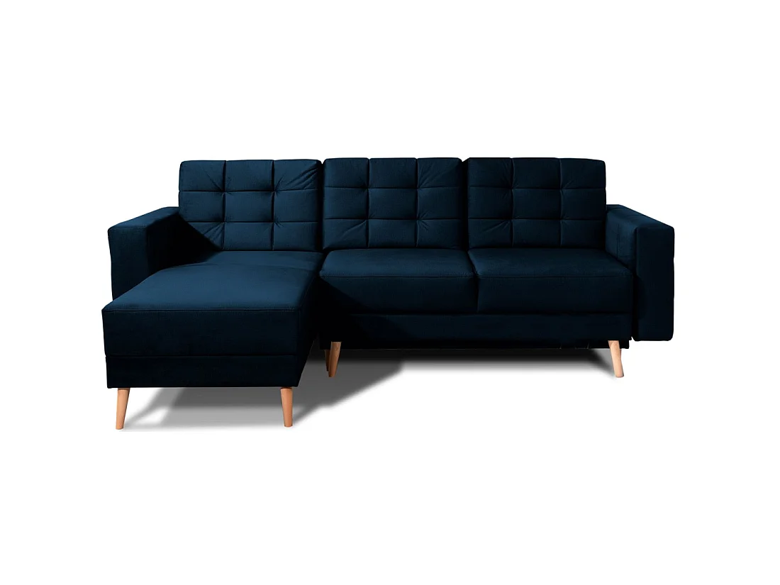 Hoekbank met slaapfunctie HASGARD 3-zits donkerblauw 248x162 cm - met opbergruimte en houten poten