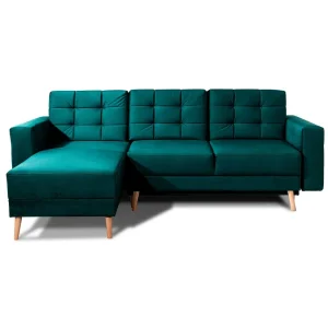 Hoekslaapbank HASGARD 3-zits donkergroen 248×162 cm – met opbergruimte en houten poten Hoekslaapbank HASGARD 3-zits donkergroen 248×162 cm – met opbergruimte en houten poten
