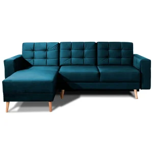 Hoekbank HASGARD slaapbank 3 zitplaatsen donkerblauw 248×162 cm – met opbergruimte en houten poten Hoekbank HASGARD slaapbank 3 zitplaatsen donkerblauw 248×162 cm – met opbergruimte en houten poten