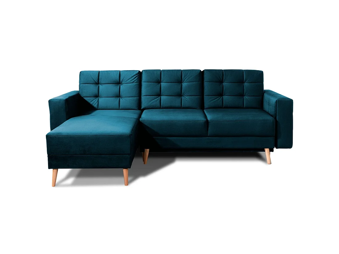 Hoekbank HASGARD slaapbank 3 zitplaatsen donkerblauw 248x162 cm - met opbergruimte en houten poten