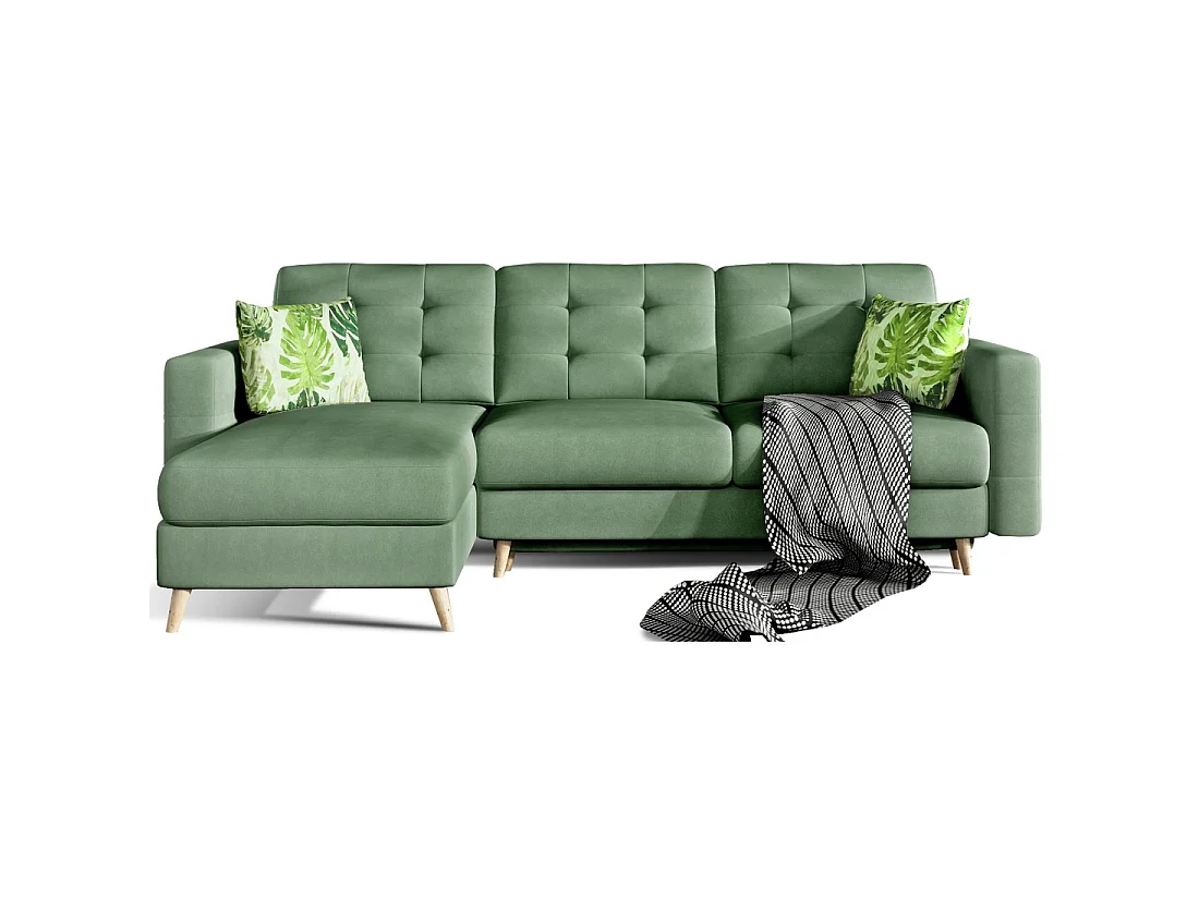 Hoekslaapbank HASGARD 3-zits groen 248x162 cm - met opbergruimte en houten poten