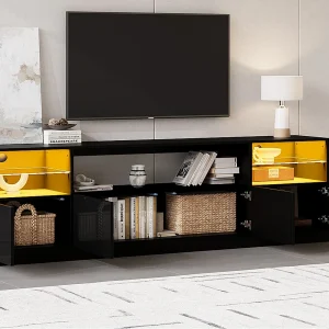 Hoogglans tv-meubel 180x35x60 cm – met LED-verlichting – 4 deuren en 8 opbergvakken – Zwart Hoogglans tv-meubel 180x35x60 cm – met LED-verlichting – 4 deuren en 8 opbergvakken – Zwart
