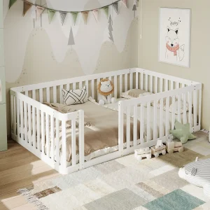 Houten kinderbed 90×200 met zijrail, zonder lattenbodem – Wit Houten kinderbed 90×200 met zijrail, zonder lattenbodem – Wit